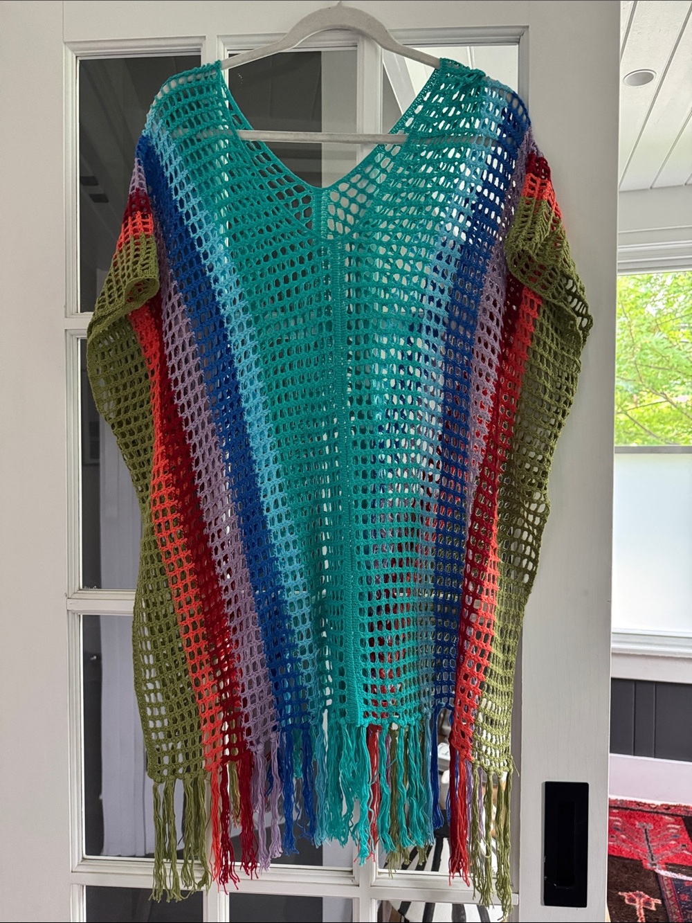 Colorful Crochet Fringe Cover Up - Teal, Blue, Red, Olive